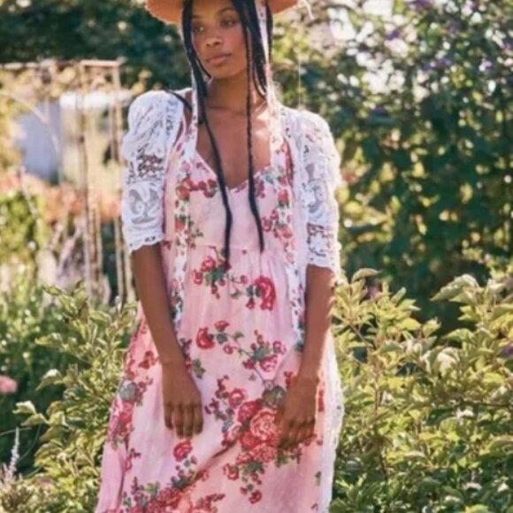 LOVESHACKFANCY FARADAY PINK DESERT Cotton Barbiecore Floral Maxi Slip XS $225 - Picture 12 of 16